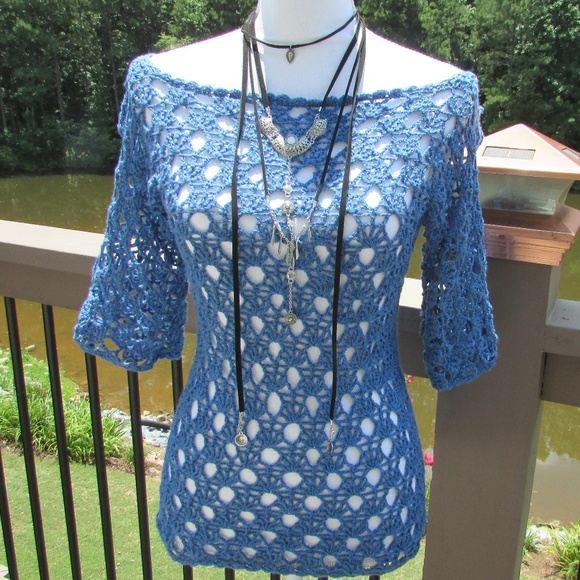 Handmade Tops - 🔆 SOLD Lace Blue Top/Crochet/Sleeve/Summer